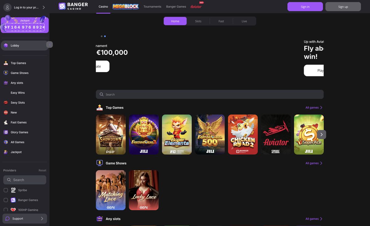 Page d'accueil du site officiel de Banger Casino, capture relevée le 14 octobre 2026