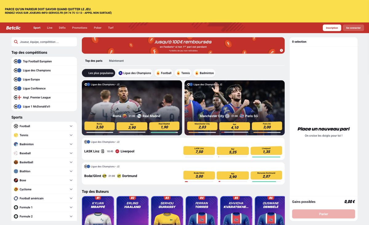 Page d'accueil du site officiel de Betclic, capture relevée le 14 octobre 2026