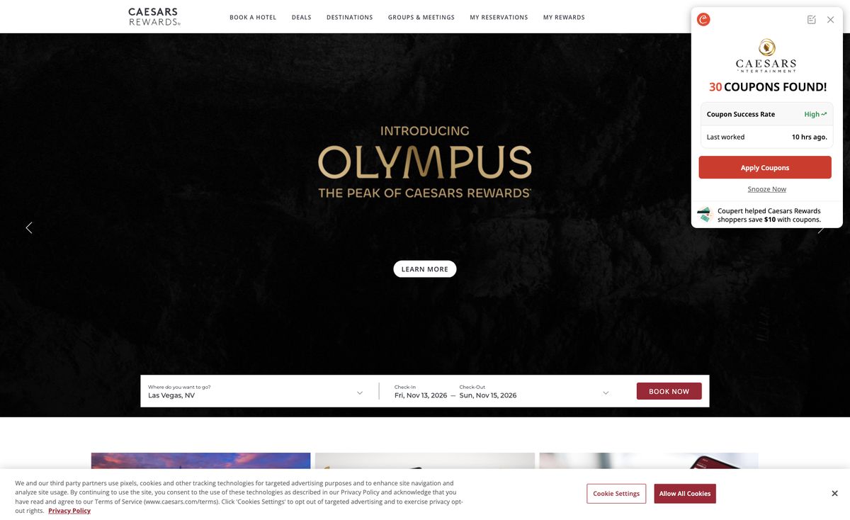 Page d'accueil du site officiel de Caesars, capture relevée le 14 octobre 2026