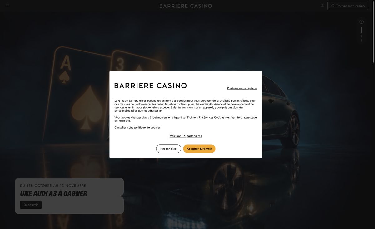 Page d'accueil du site officiel de Casino Barrière, capture relevée le 14 octobre 2026
