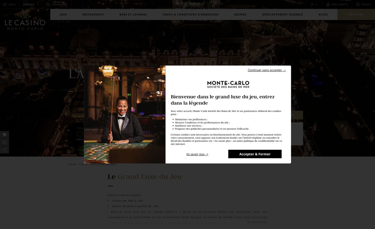Page d'accueil du site officiel de Casino de Monte-Carlo, capture relevée le 14 octobre 2026