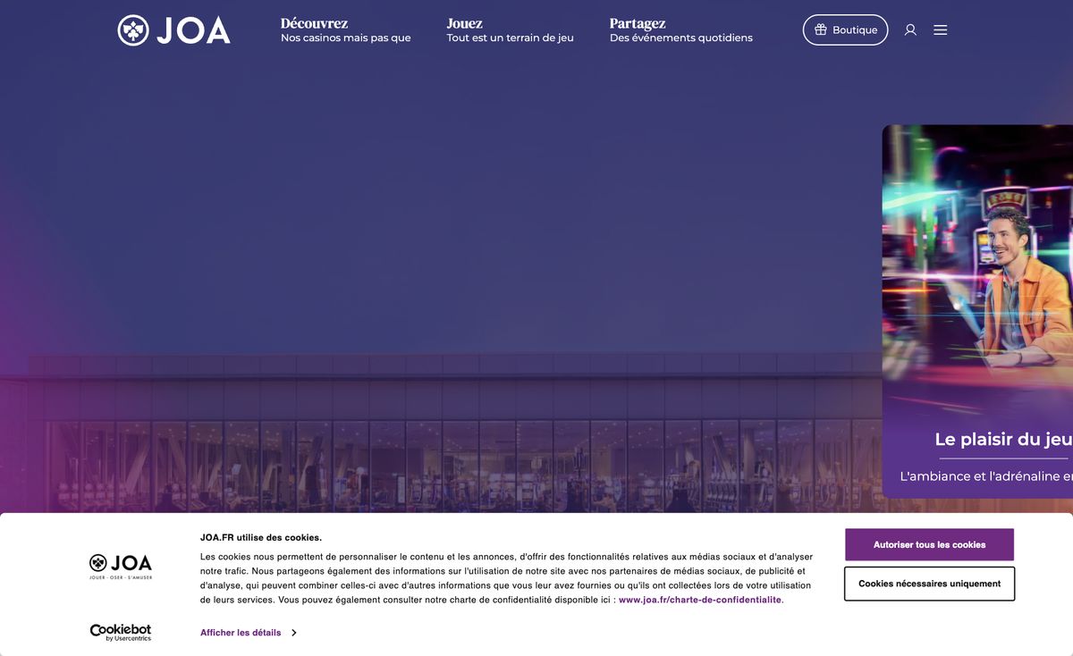 Page d'accueil du site officiel de Casino JOA, capture relevée le 14 octobre 2026