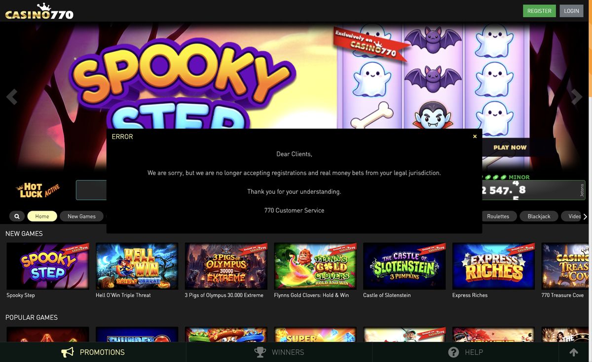 Page d'accueil du site officiel de Casino 770, capture relevée le 14 octobre 2026