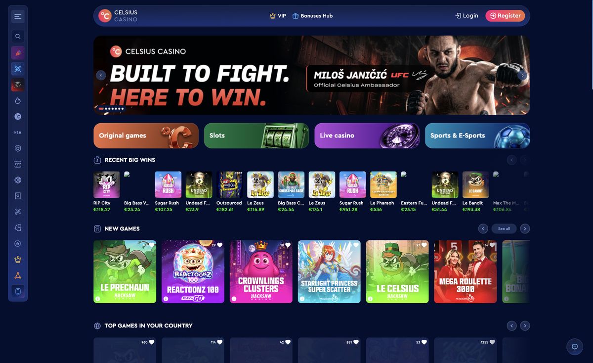 Page d'accueil du site officiel de Celsius Casino, capture relevée le 14 octobre 2026