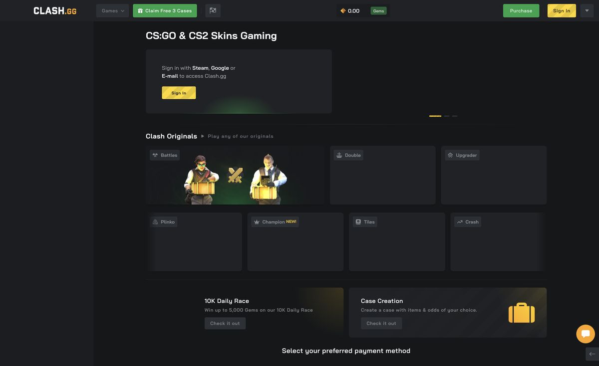 Page d'accueil du site officiel de Clash.gg, capture relevée le 14 octobre 2026