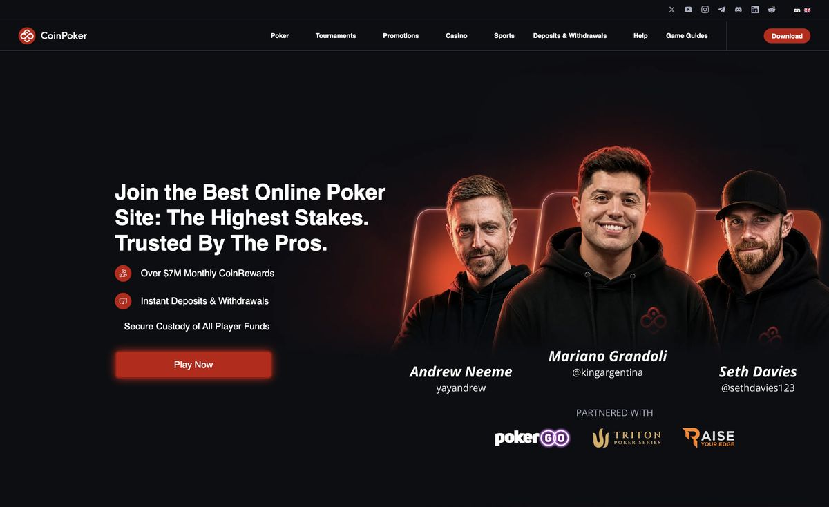 Page d'accueil du site officiel de CoinPoker, capture relevée le 14 octobre 2026