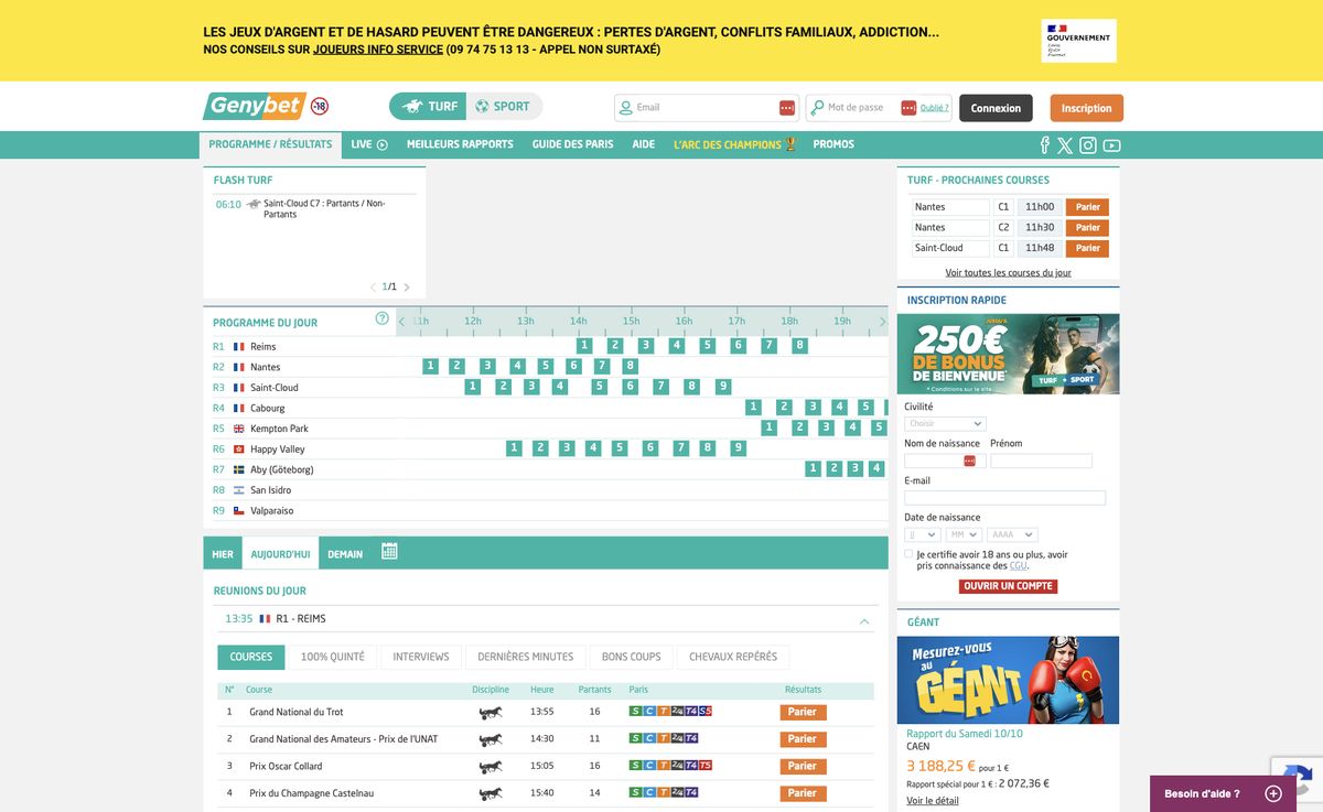Page d'accueil du site officiel de Genybet, capture relevée le 14 octobre 2026