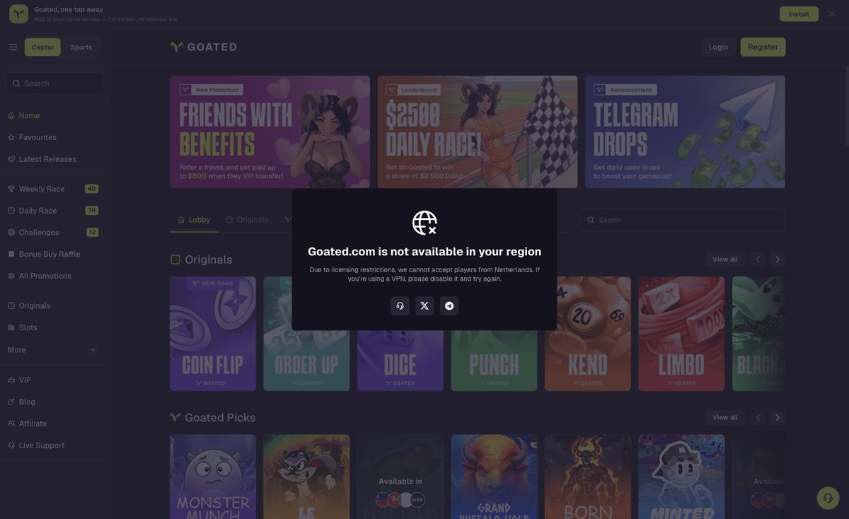 Page d'accueil du site officiel de Goated, capture relevée le 14 octobre 2026