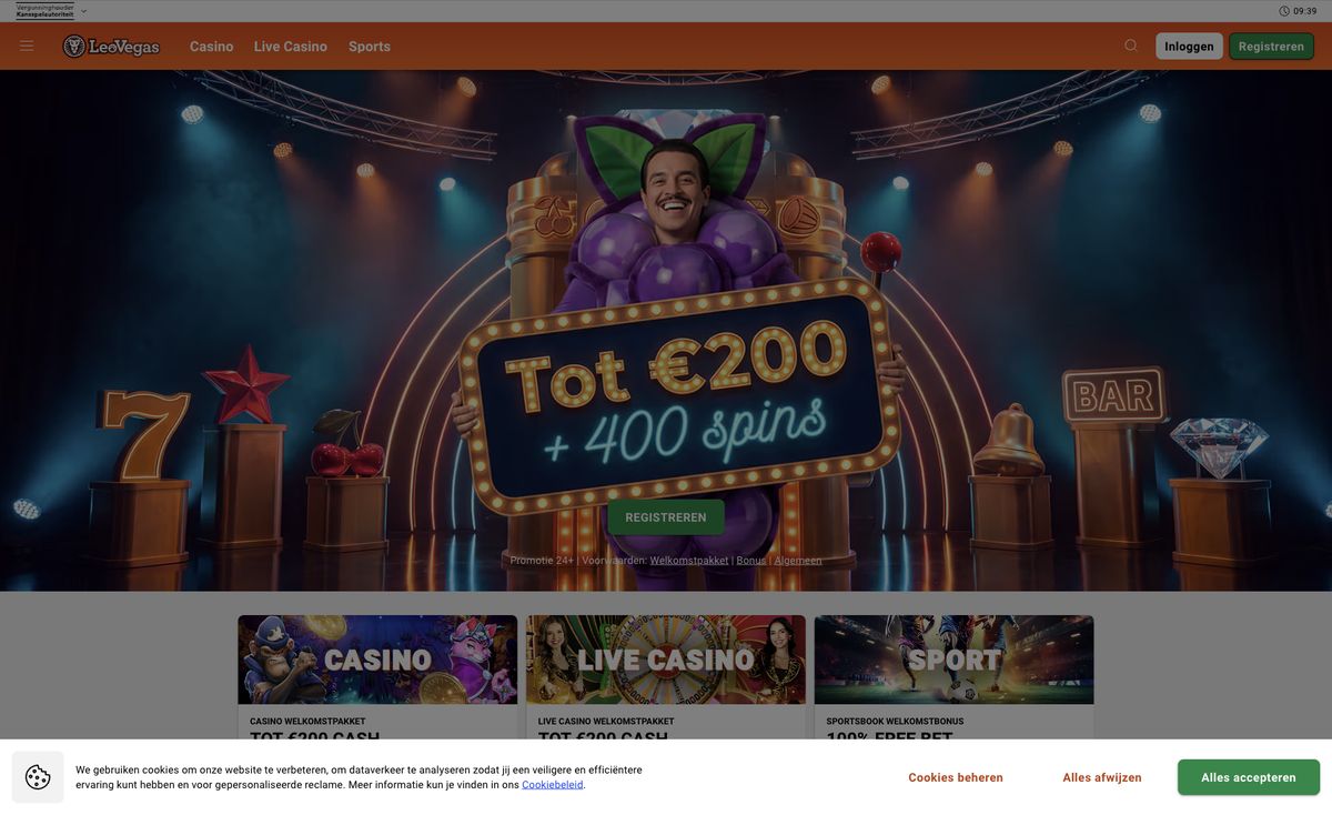 Page d'accueil du site officiel de LeoVegas, capture relevée le 14 octobre 2026