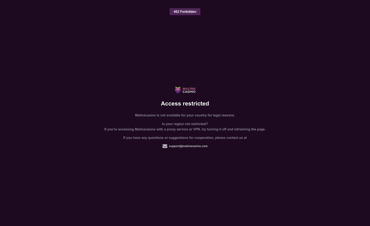 Page d'accueil du site officiel de Malina Casino, capture relevée le 14 octobre 2026
