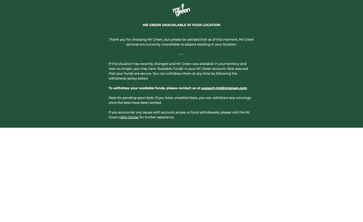 Page d'accueil du site officiel de Mr Green, capture relevée le 14 octobre 2026