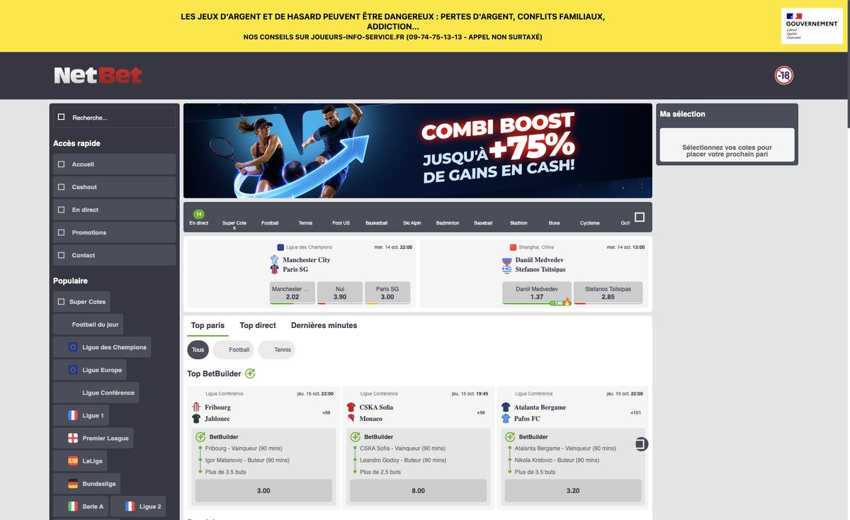 Page d'accueil du site officiel de NetBet, capture relevée le 14 octobre 2026