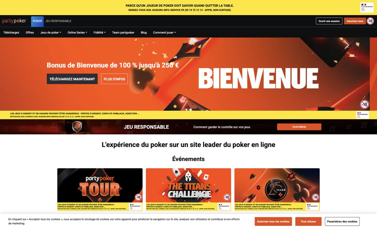 Page d'accueil du site officiel de PartyPoker, capture relevée le 14 octobre 2026