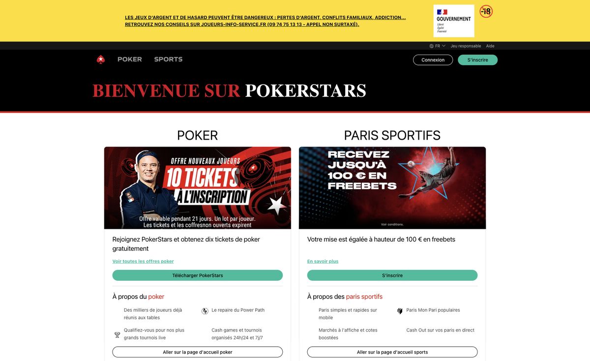 Page d'accueil du site officiel de PokerStars, capture relevée le 14 octobre 2026