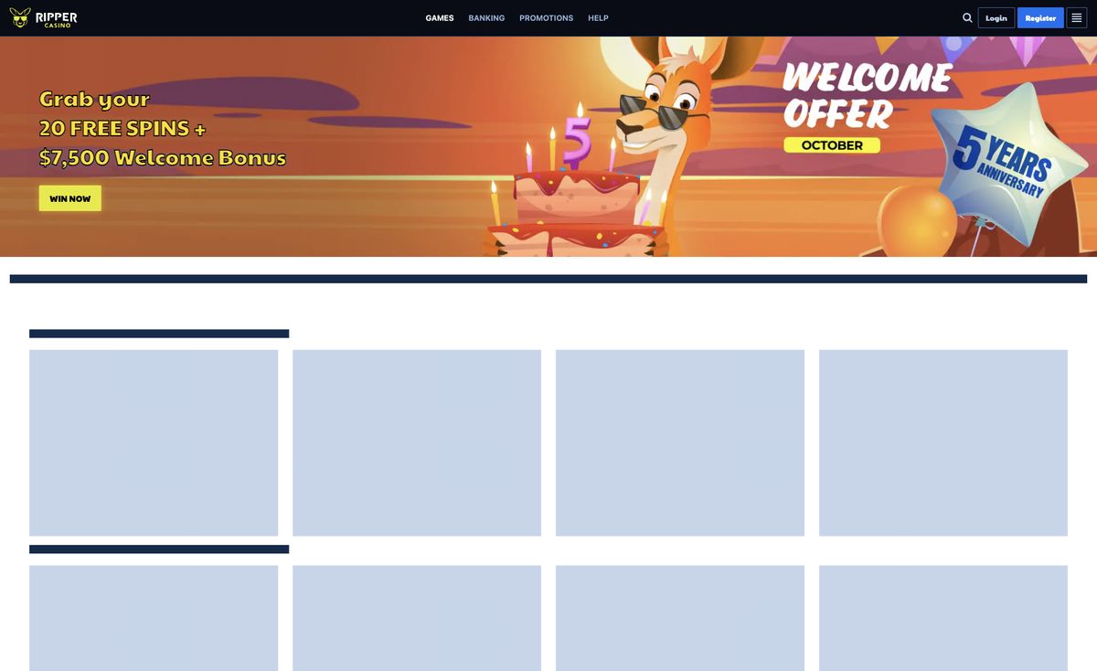 Page d'accueil du site officiel de Ripper Casino, capture relevée le 14 octobre 2026