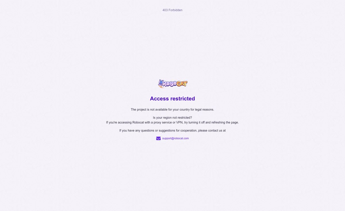 Page d'accueil du site officiel de RoboCat, capture relevée le 14 octobre 2026