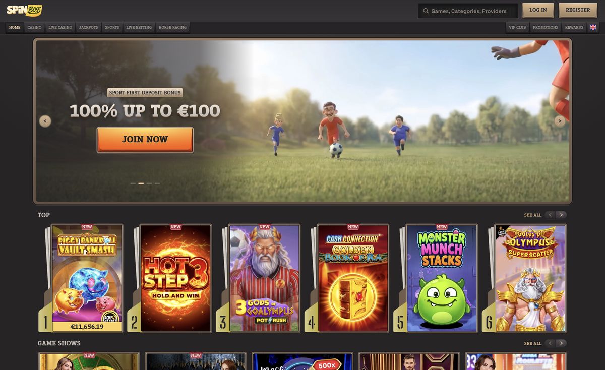 Page d'accueil du site officiel de SpinBoss, capture relevée le 14 octobre 2026
