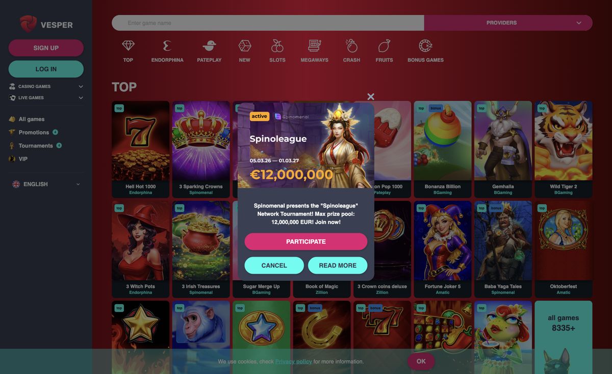 Page d'accueil du site officiel de Vesper Casino, capture relevée le 14 octobre 2026