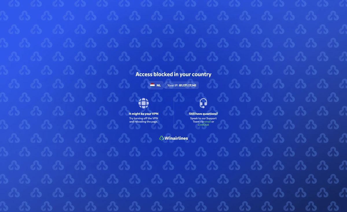 Page d'accueil du site officiel de WinAirlines, capture relevée le 14 octobre 2026