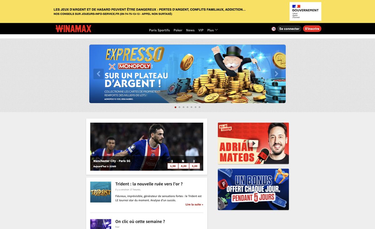 Page d'accueil du site officiel de Winamax, capture relevée le 14 octobre 2026